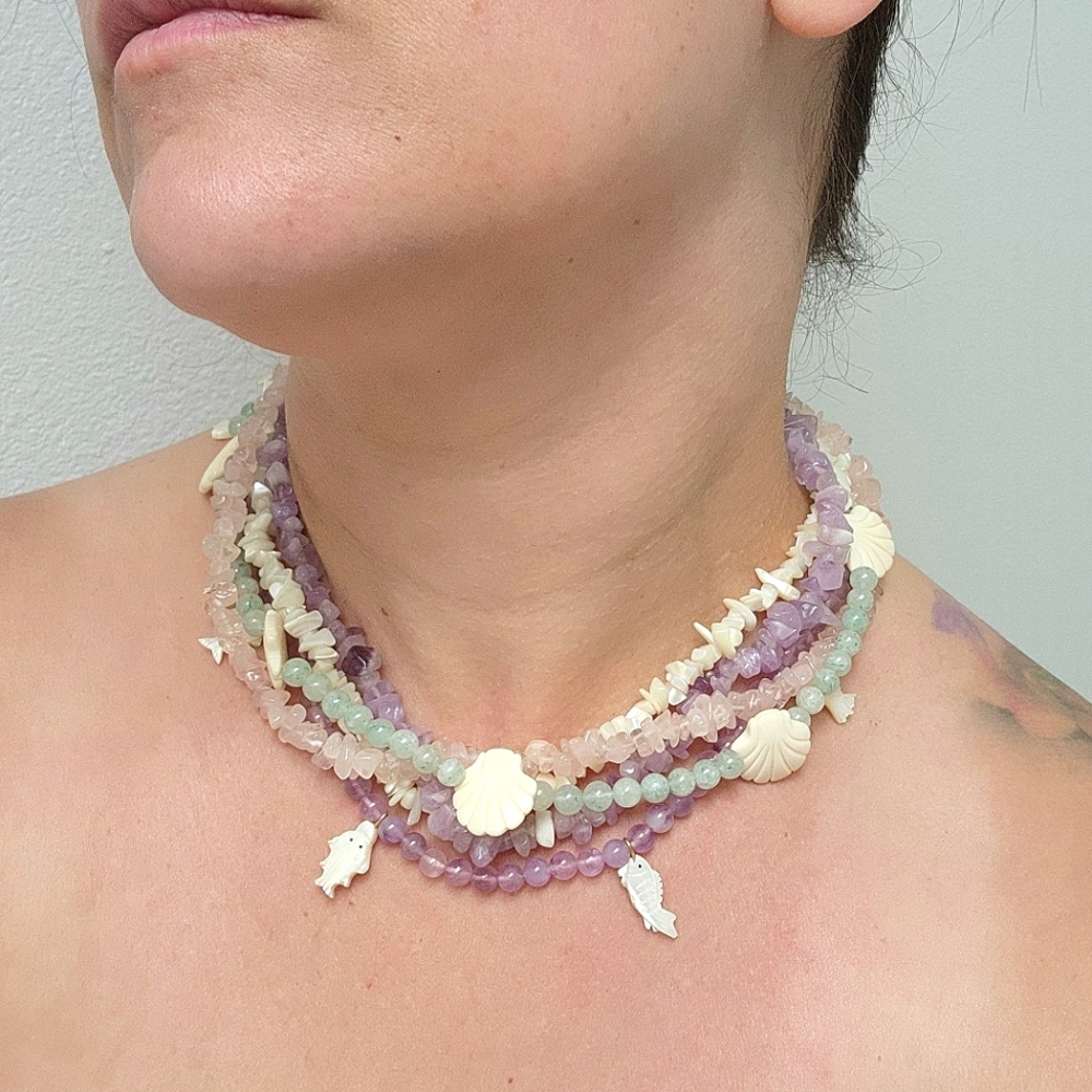 Vintage Five Strand Multi Layer Semi Precious Stone Necklace Hand Carved